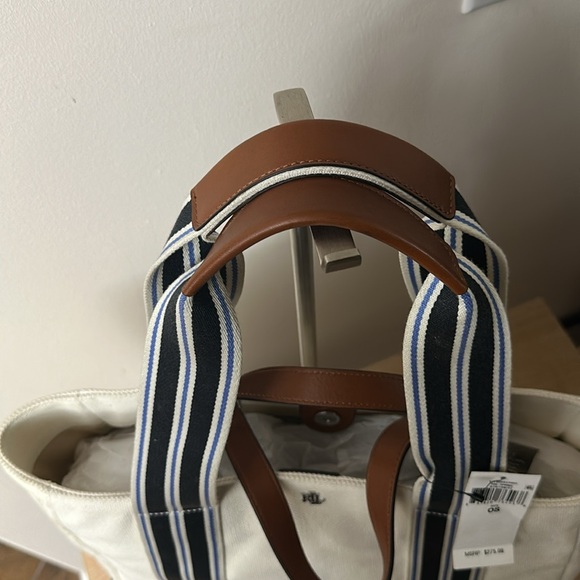 Lauren Lora Canvas Leather Off White Nautical Striped Snap Close Tote